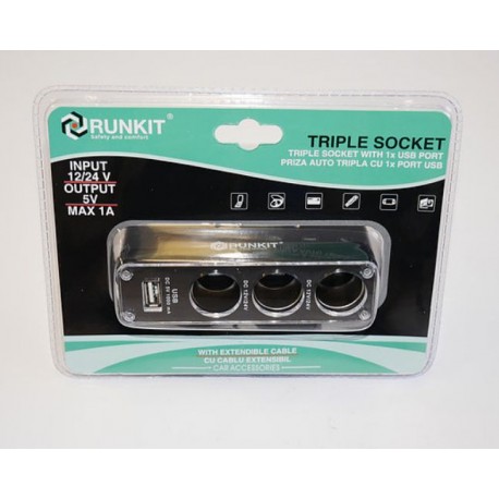 Priza tripla cu 1 iesire USB si prelungitor RUNKIT RKP011